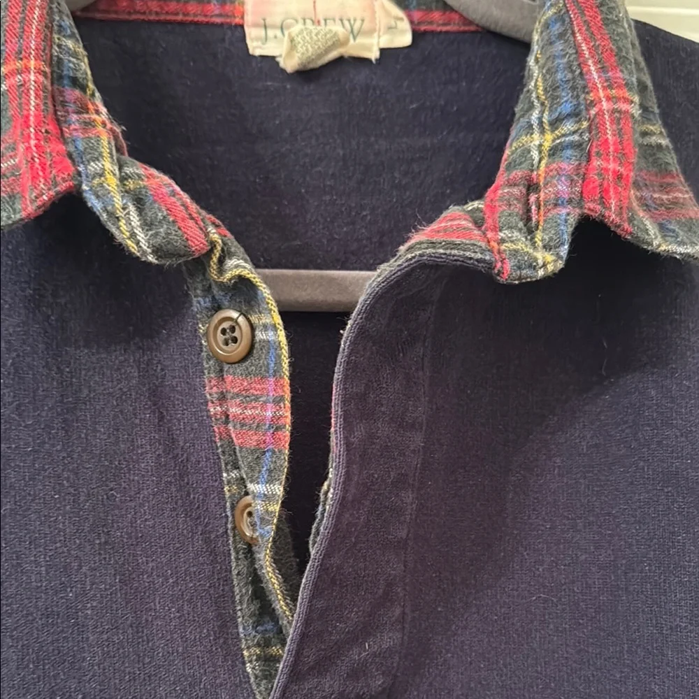 J Crew Vintage Navy Long Sleeve Rugby Shirt with Plaid Collar - Picture 3 of 5